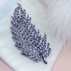 Silver Rhinestone Feather Brooch